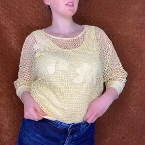 Vintage yellow knitted mesh sweater w/ under-tank